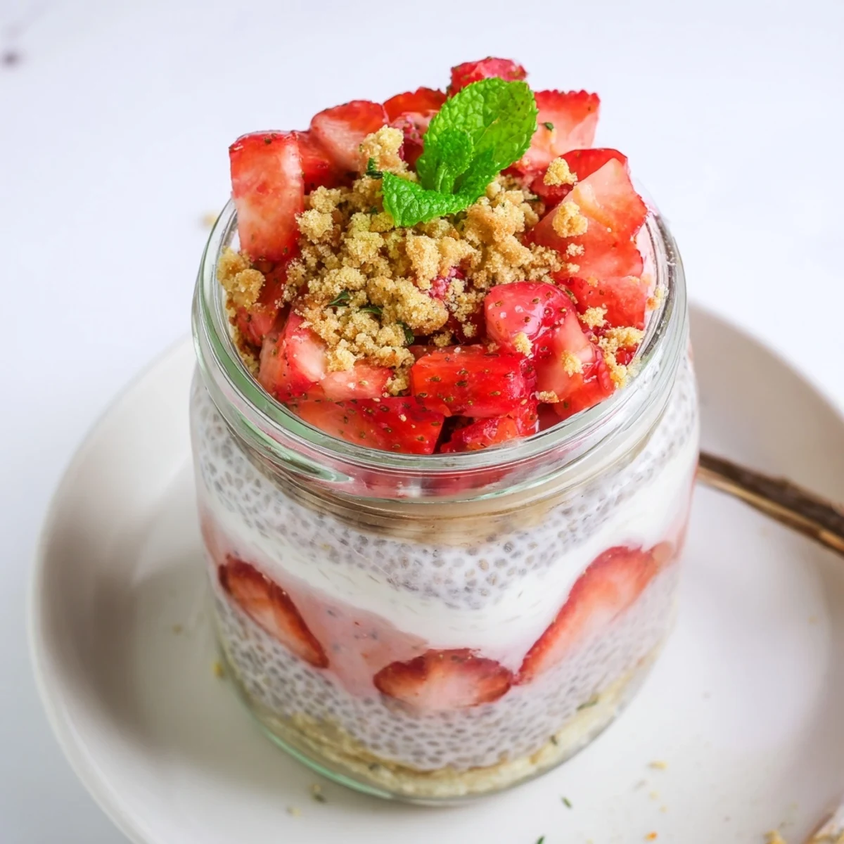 Parfait style strawberry cheesecake chia pudding showing three distinct layers with pink strawberry compote and white cream cheese mixture