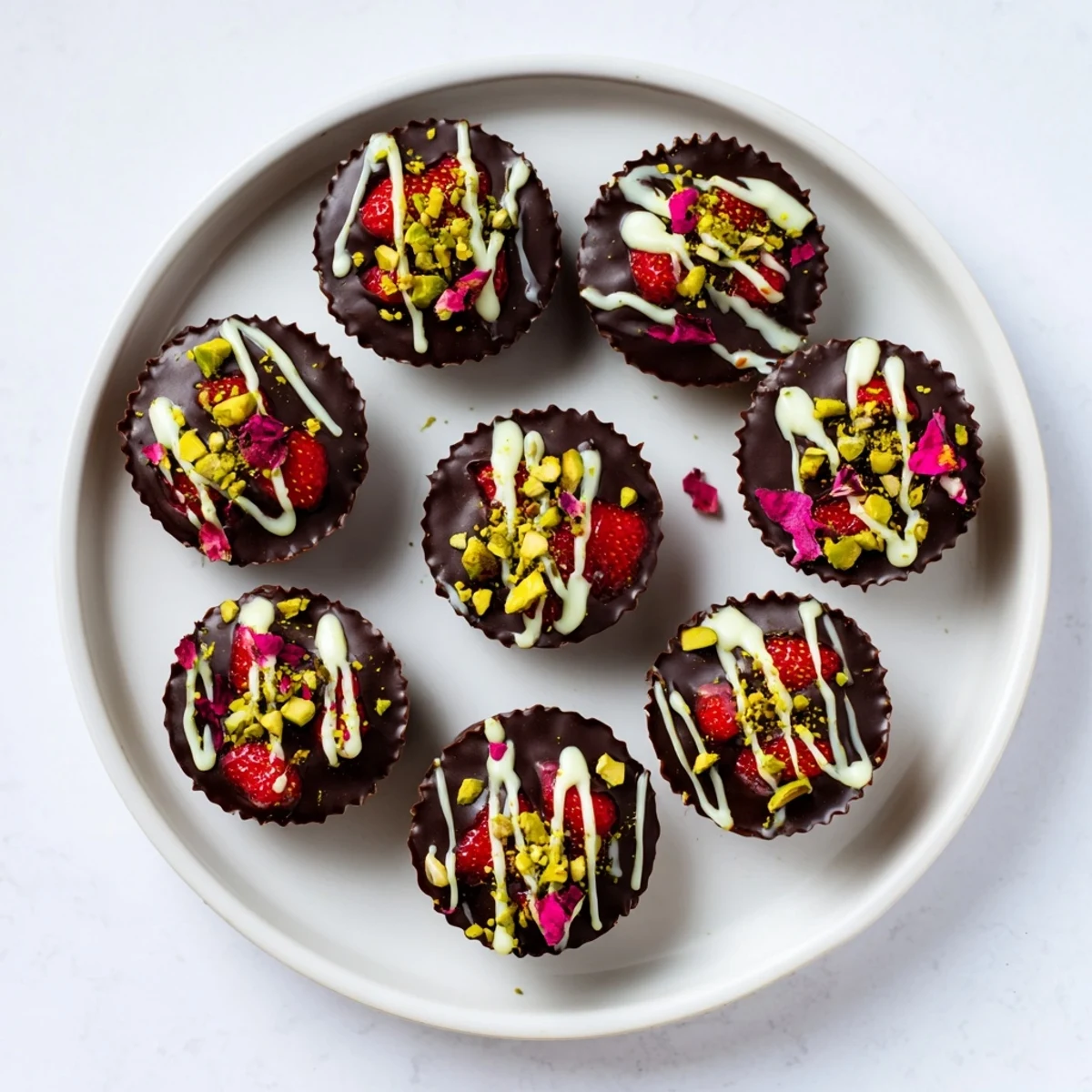 Decadent Dubai chocolate covered strawberry cups with glossy dark chocolate shell and rose-infused strawberry filling