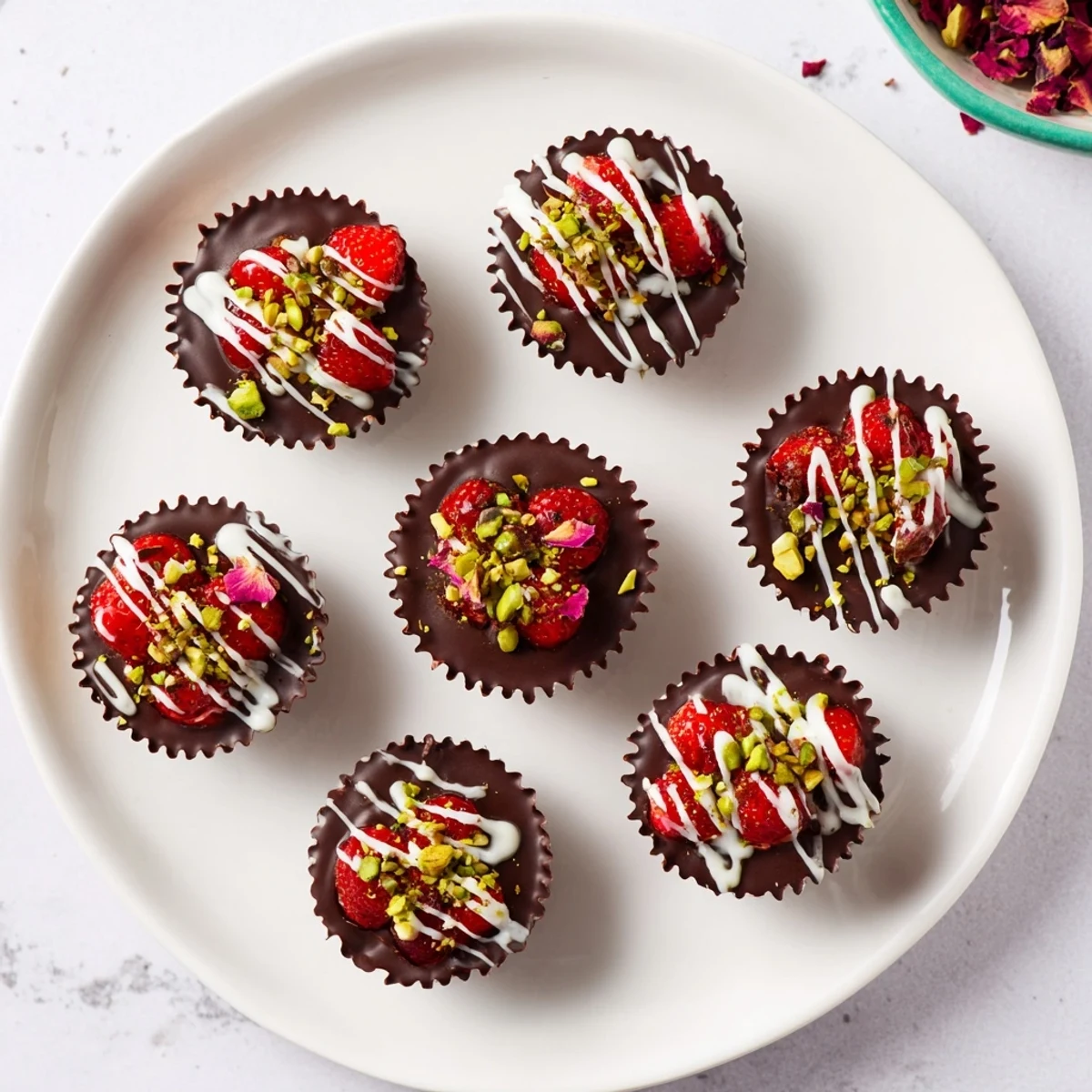 Rich chocolate covered strawberry cups topped with crushed pistachios and sweet diced strawberries in a chocolate cup
