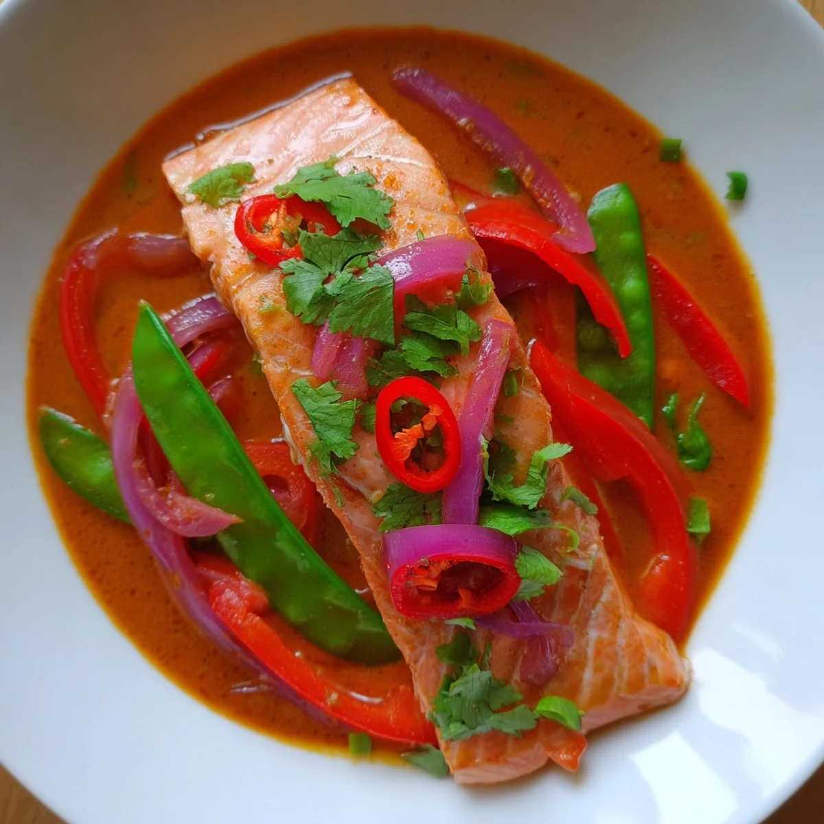 Golden Red Curry Coconut and Coriander Salmon served over fluffy white jasmine rice with vibrant bell pepper slices and fresh green sugar snap peas, garnished with chopped cilantro and red chili.
