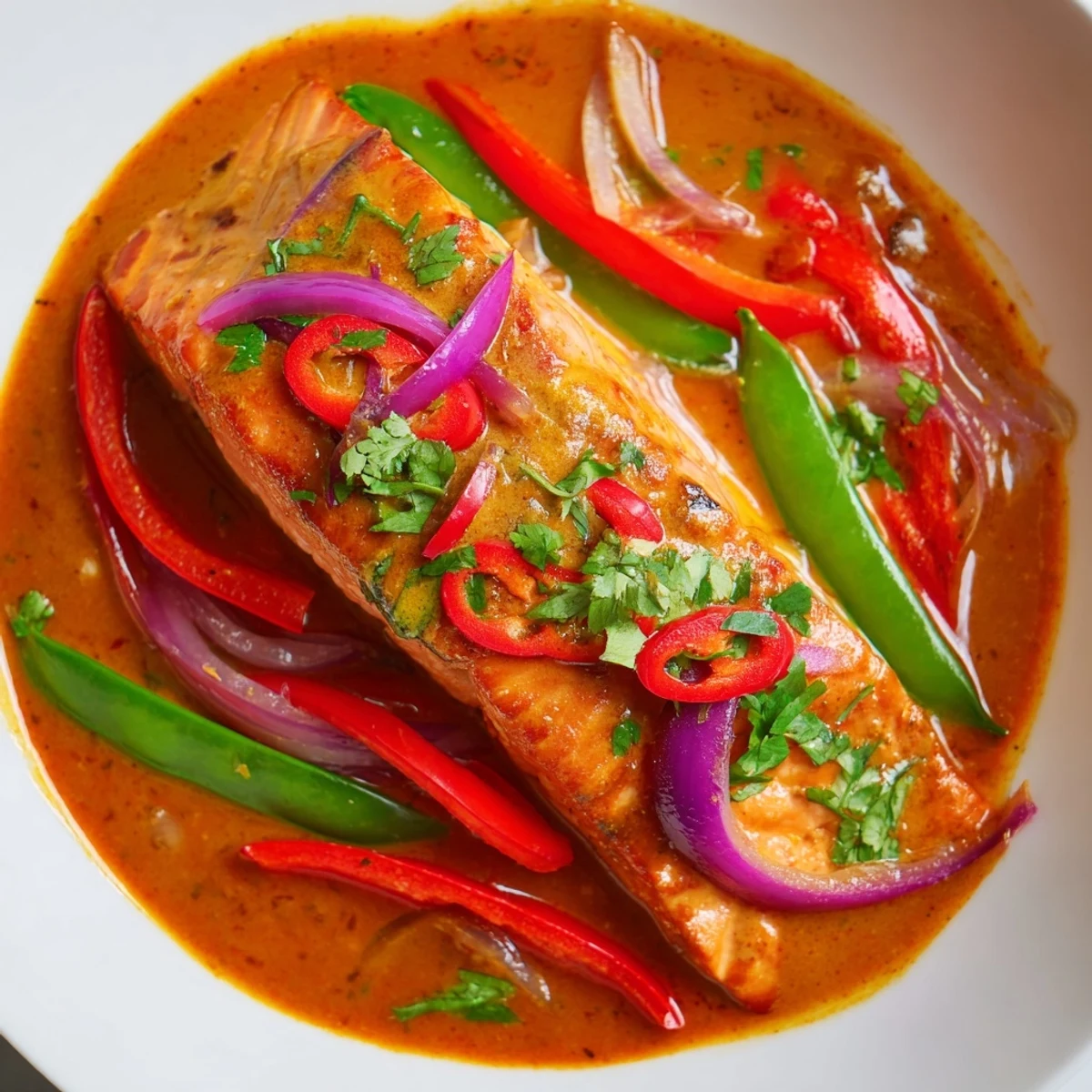 Tender salmon fillets poached in aromatic red curry coconut milk sauce with crisp vegetables, sprinkled generously with fresh coriander and sliced chili for a Thai-inspired dinner.