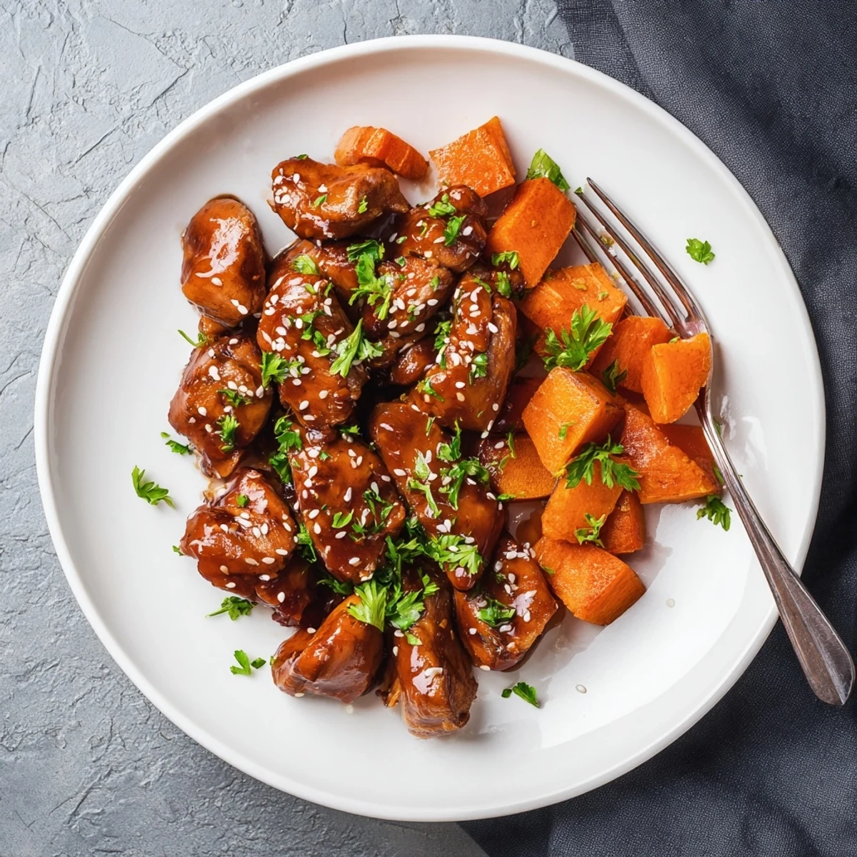 Golden glazed honey garlic chicken thighs served beside caramelized roasted sweet potato cubes