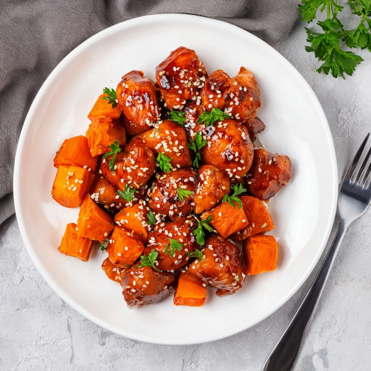Savory honey garlic sauce coats chicken alongside tender paprika roasted sweet potatoes on baking sheet