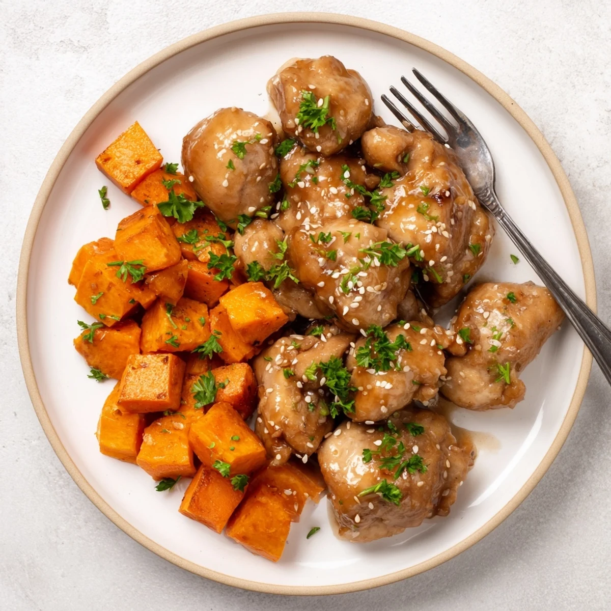One pan honey garlic chicken with tender thighs and crispy roasted sweet potatoes