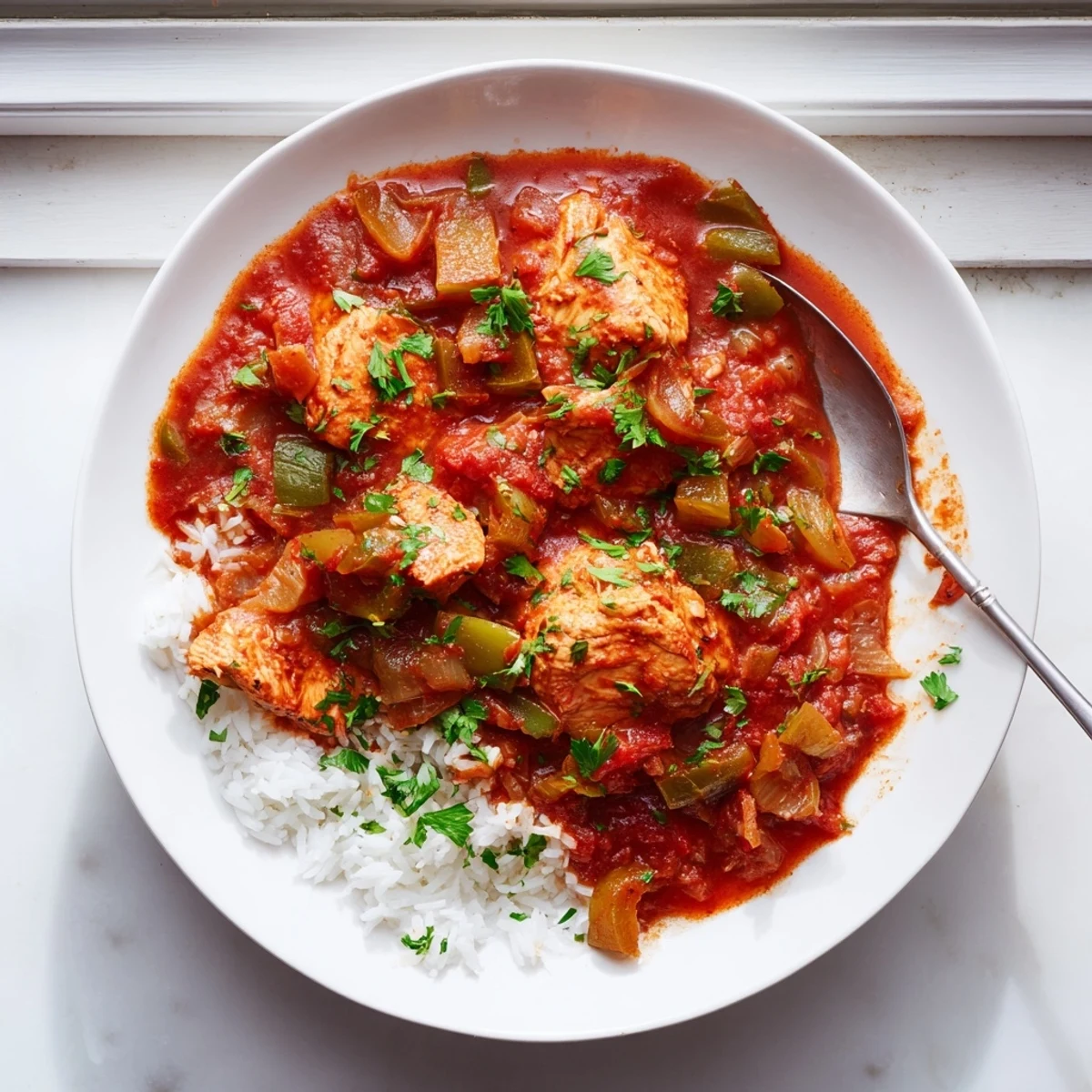 Golden brown chicken thighs simmered in rich tomato sauce with colorful vegetables over fluffy white rice