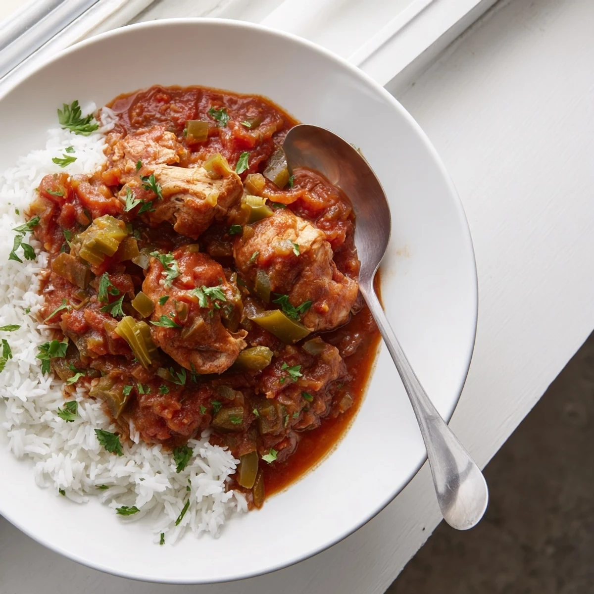 Bubbling pot of Louisiana chicken stew featuring tender meat in savory Creole-spiced tomato broth with the holy trinity