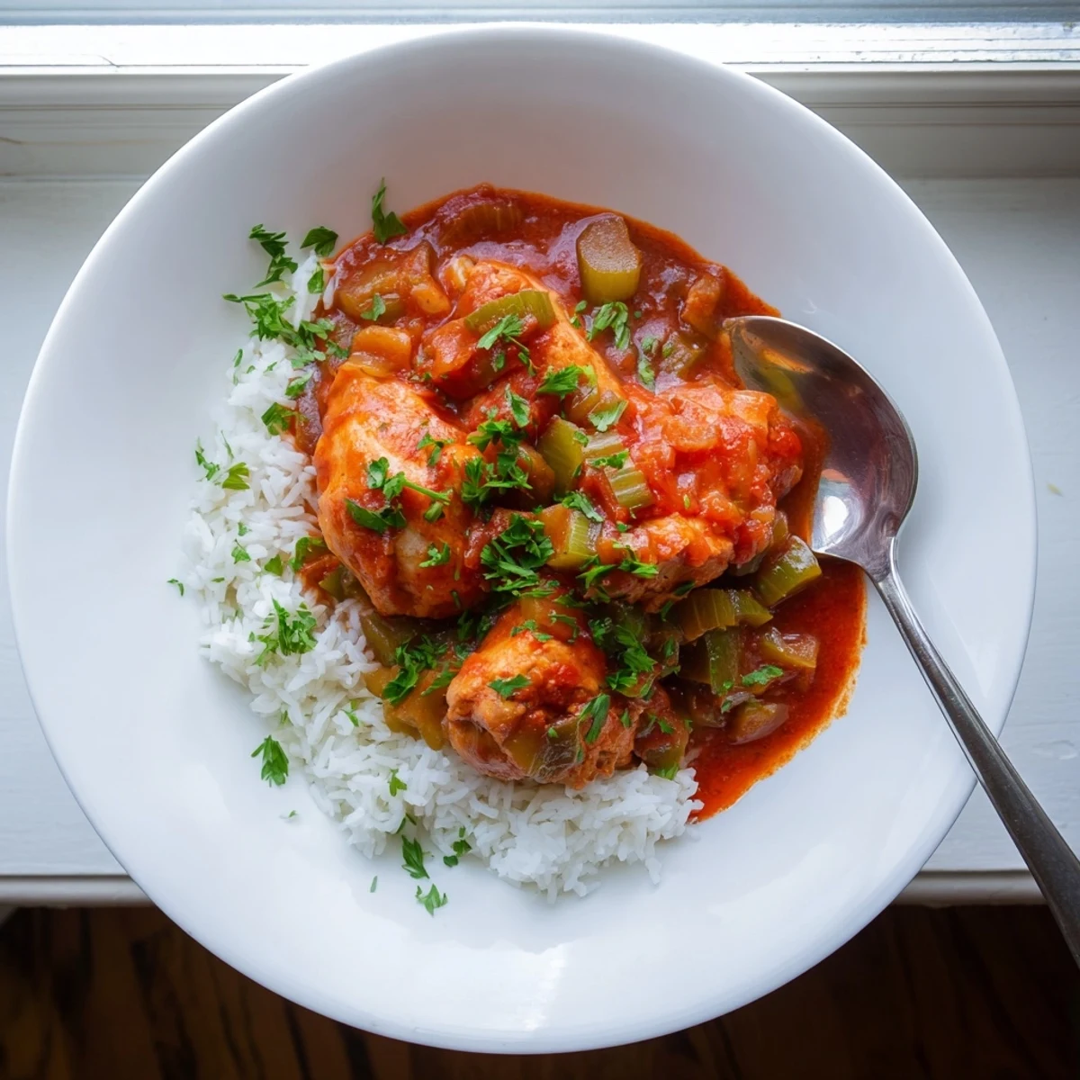 Comforting Southern chicken stew plated over steaming rice garnished with fresh parsley and aromatic seasonings