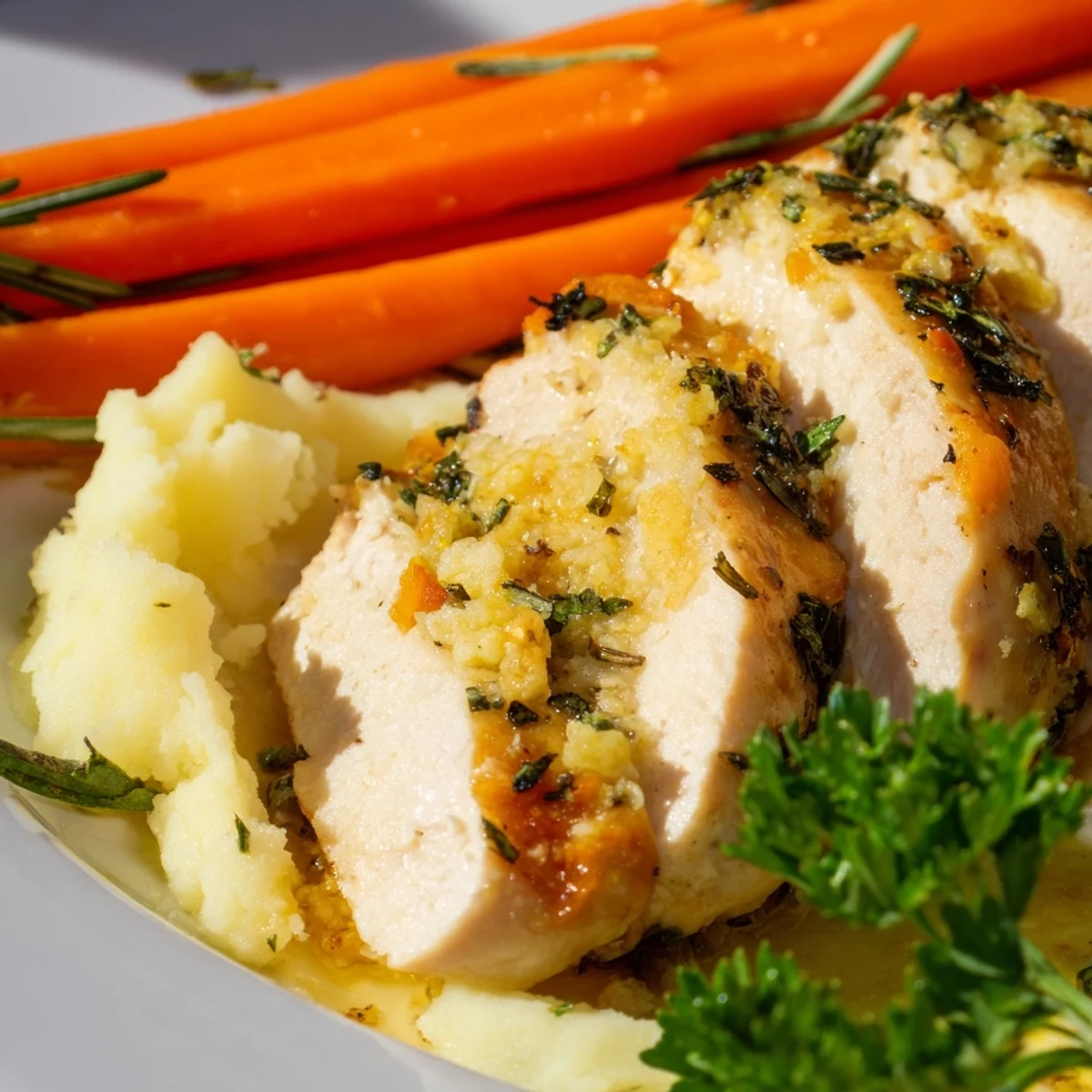 Juicy garlic roasted chicken served with buttery mashed potatoes and glossy sweet honey carrots