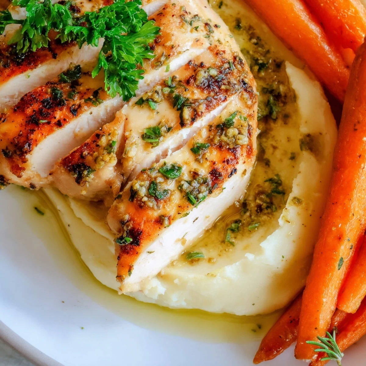 Golden herb-crusted chicken breast resting atop fluffy mashed potatoes with honey-glazed carrot sticks