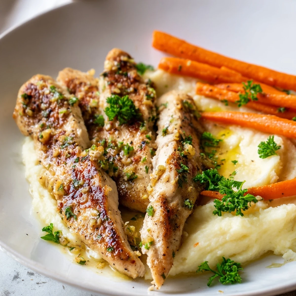 Comforting homemade dinner plate featuring herb seasoned chicken creamy potatoes and tender glazed carrots