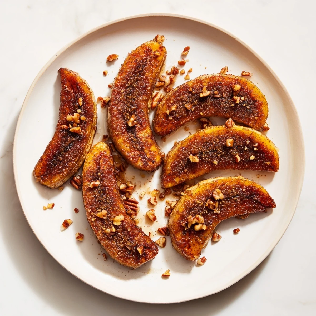 Skillet of pan fried cinnamon bananas arranged on a white plate, topped with chopped walnuts and a honey drizzle