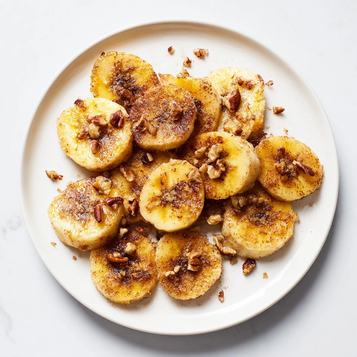 Golden pan fried cinnamon bananas sizzling in butter with caramelized edges and a dusting of warm brown sugar