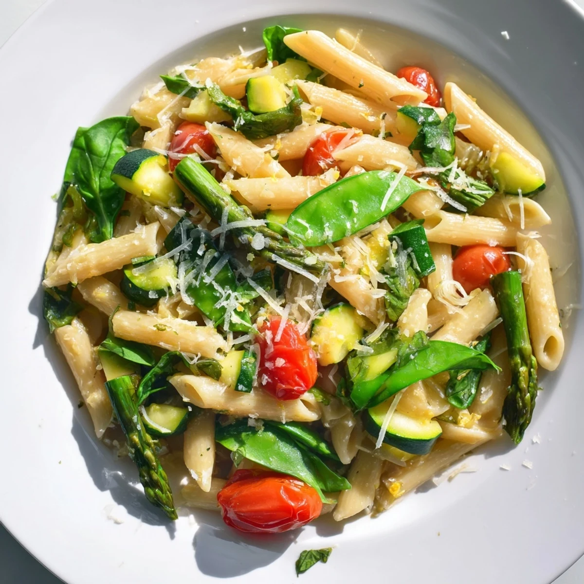 Vibrant one pot spring vegetable pasta tossed with asparagus, snap peas, and cherry tomatoes in a savory broth