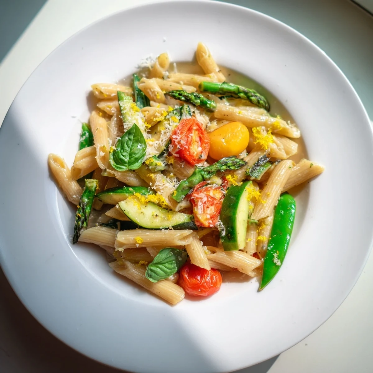 Steaming bowl of one pot spring vegetable pasta featuring colorful vegetables and grated Parmesan cheese