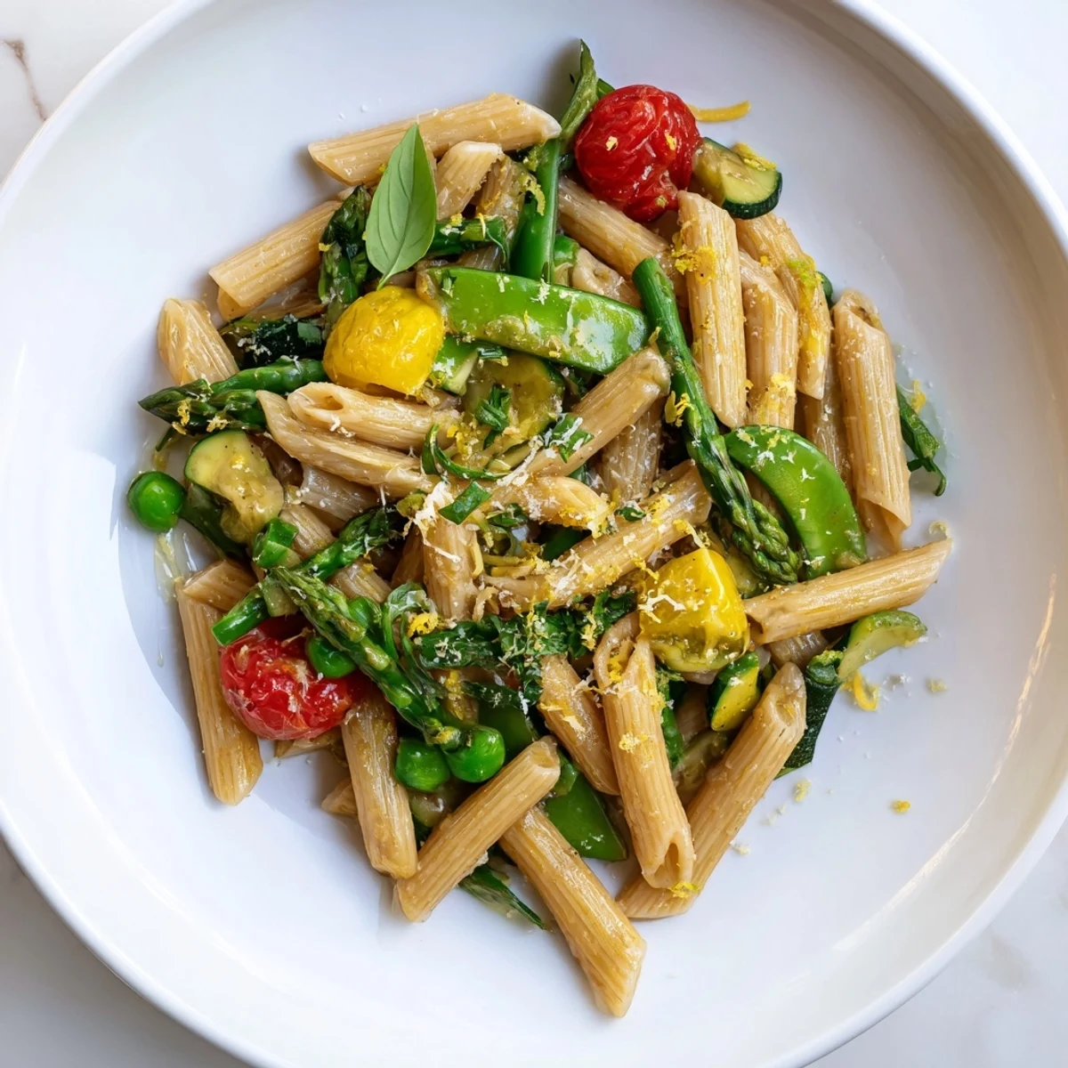 Creamy one pot spring vegetable pasta with wilted spinach, zucchini, and fresh basil garnish