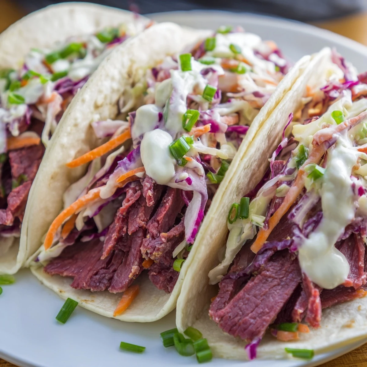 Homemade Irish tacos featuring tender corned beef slices topped with colorful vegetable slaw and zesty white sauce
