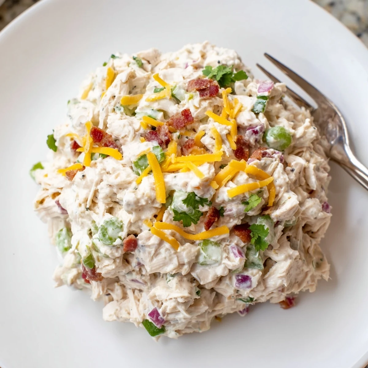Low carb chicken salad featuring jalapenos, crispy bacon, and tangy cream cheese dressing