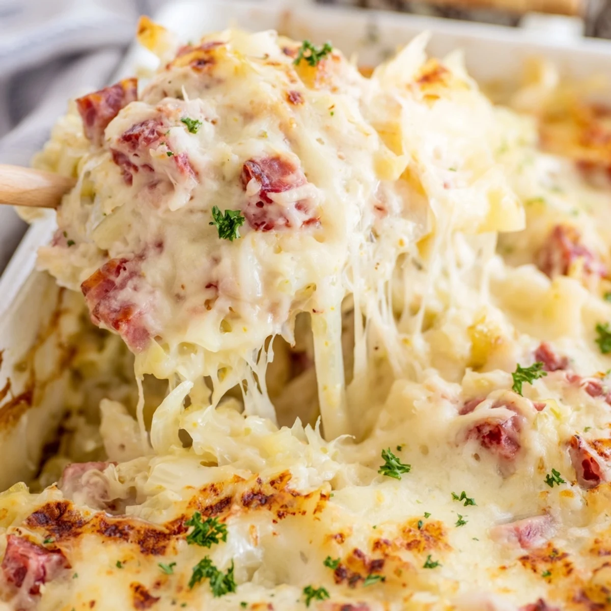 Creamy corned beef cabbage parmesan bake casserole with tender cabbage and golden mozzarella crust