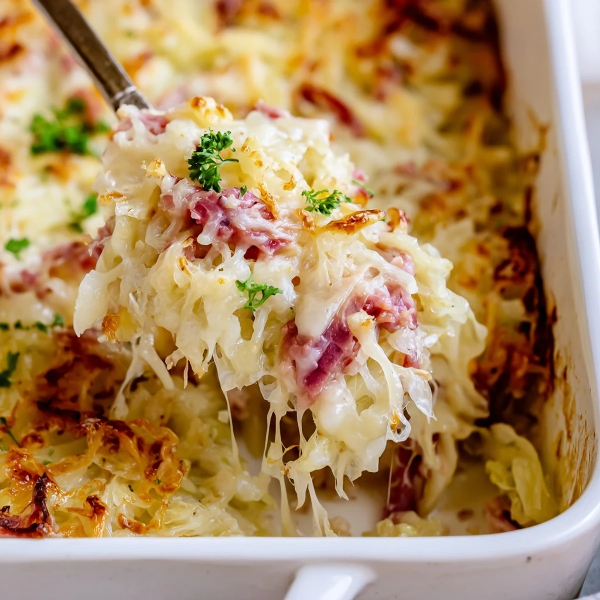 Hearty corned beef cabbage parmesan bake served in white baking dish with parsley garnish