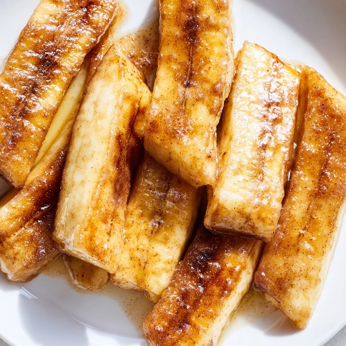 Golden pan fried cinnamon bananas with caramelized edges ready for warm breakfast serving