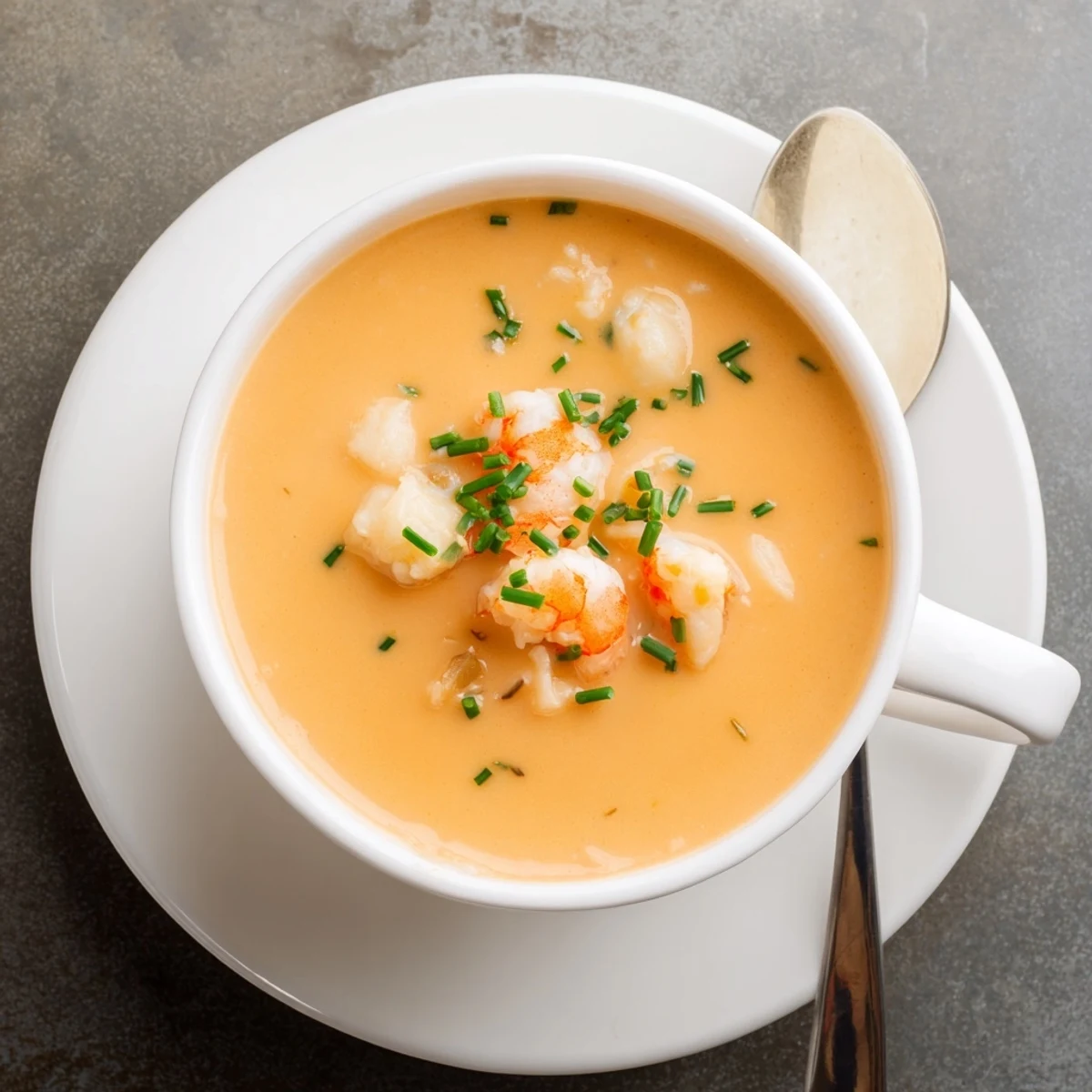 Creamy seafood bisque topped with fresh chives in a white bowl, featuring tender shrimp and crab