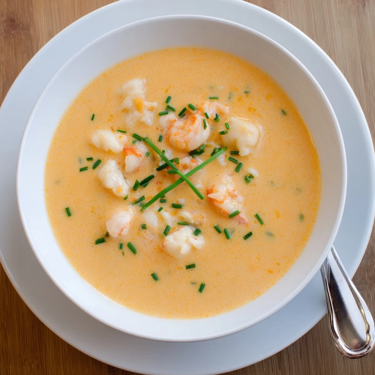 Smooth French seafood bisque garnished with chopped herbs, ladled into an elegant white serving bowl