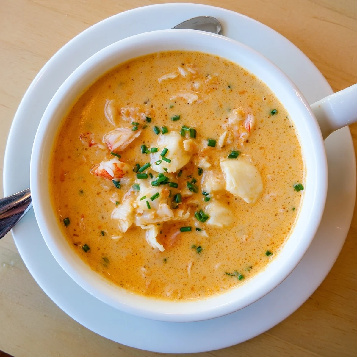 Rich and velvety seafood bisque with chunks of shrimp and scallops, sprinkled with green chives