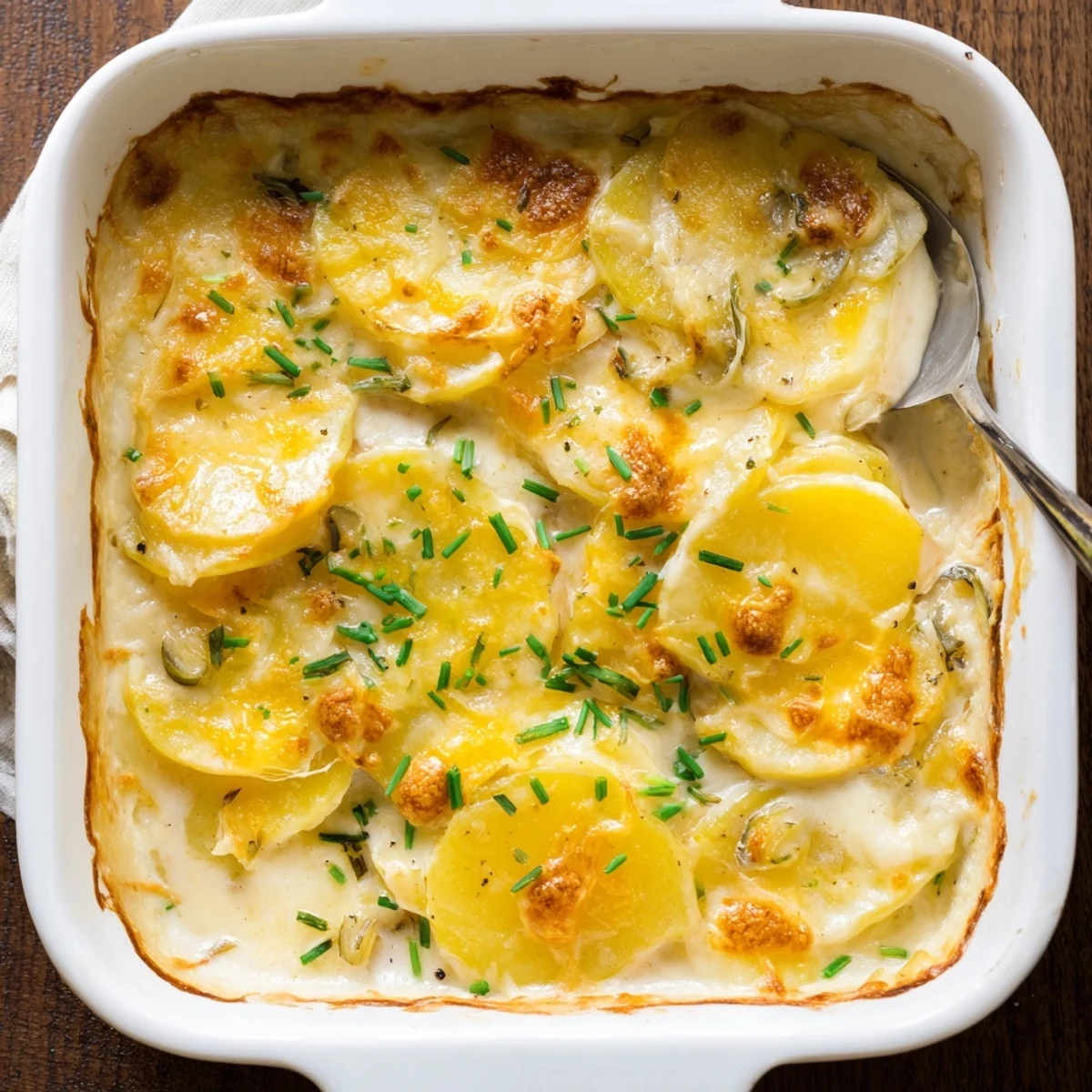 Golden cheesy potatoes au gratin with Gruyère bubbling in a rich creamy sauce
