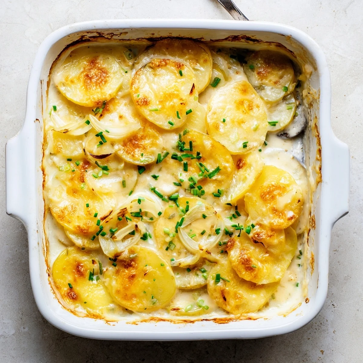 Tender layered potatoes au gratin topped with melted Gruyère and fresh green herbs