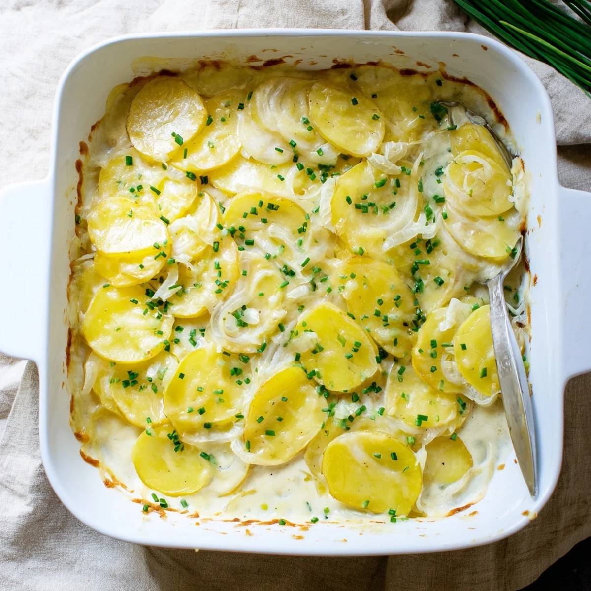 Baked potatoes au gratin in a white dish with golden brown cheesy crust