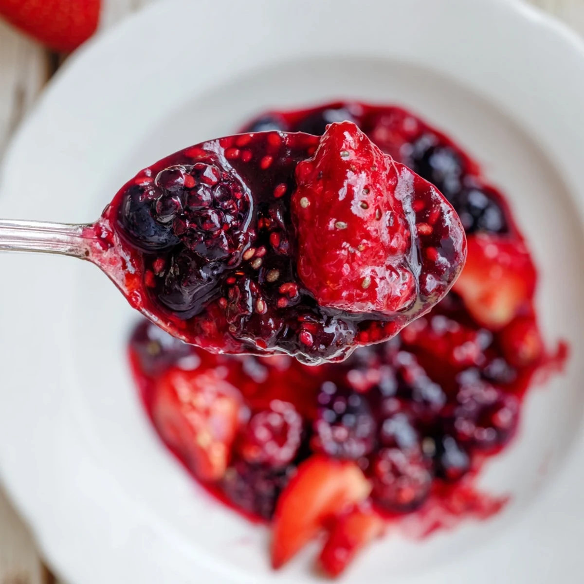 Vibrant red and purple easy berry chia seed jam in a clear glass jar