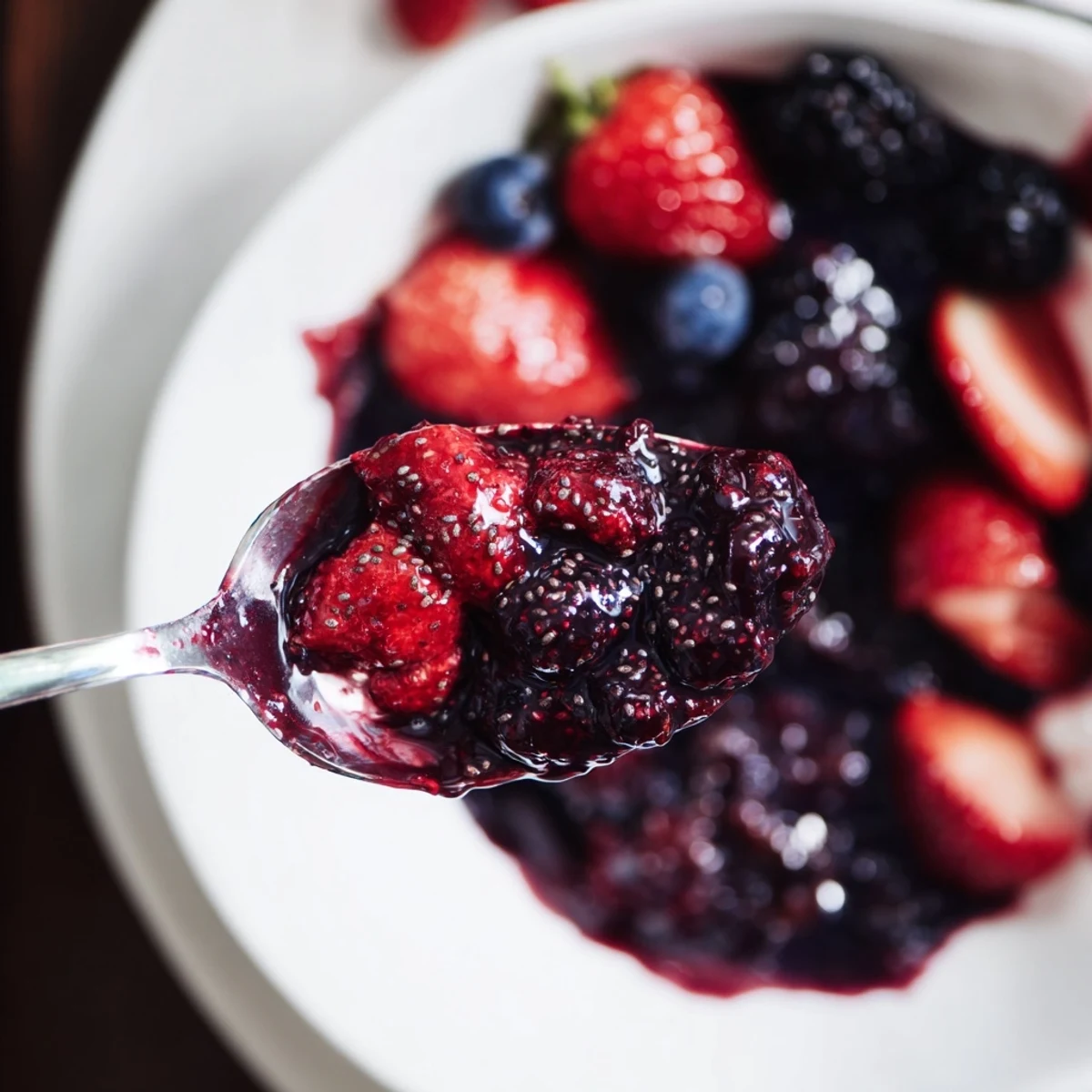 Easy berry chia seed jam spooned generously onto golden buttered toast slices