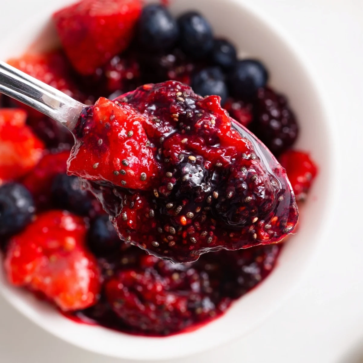 Mixed berry chia seed jam swirling into creamy Greek yogurt with fresh fruit garnish