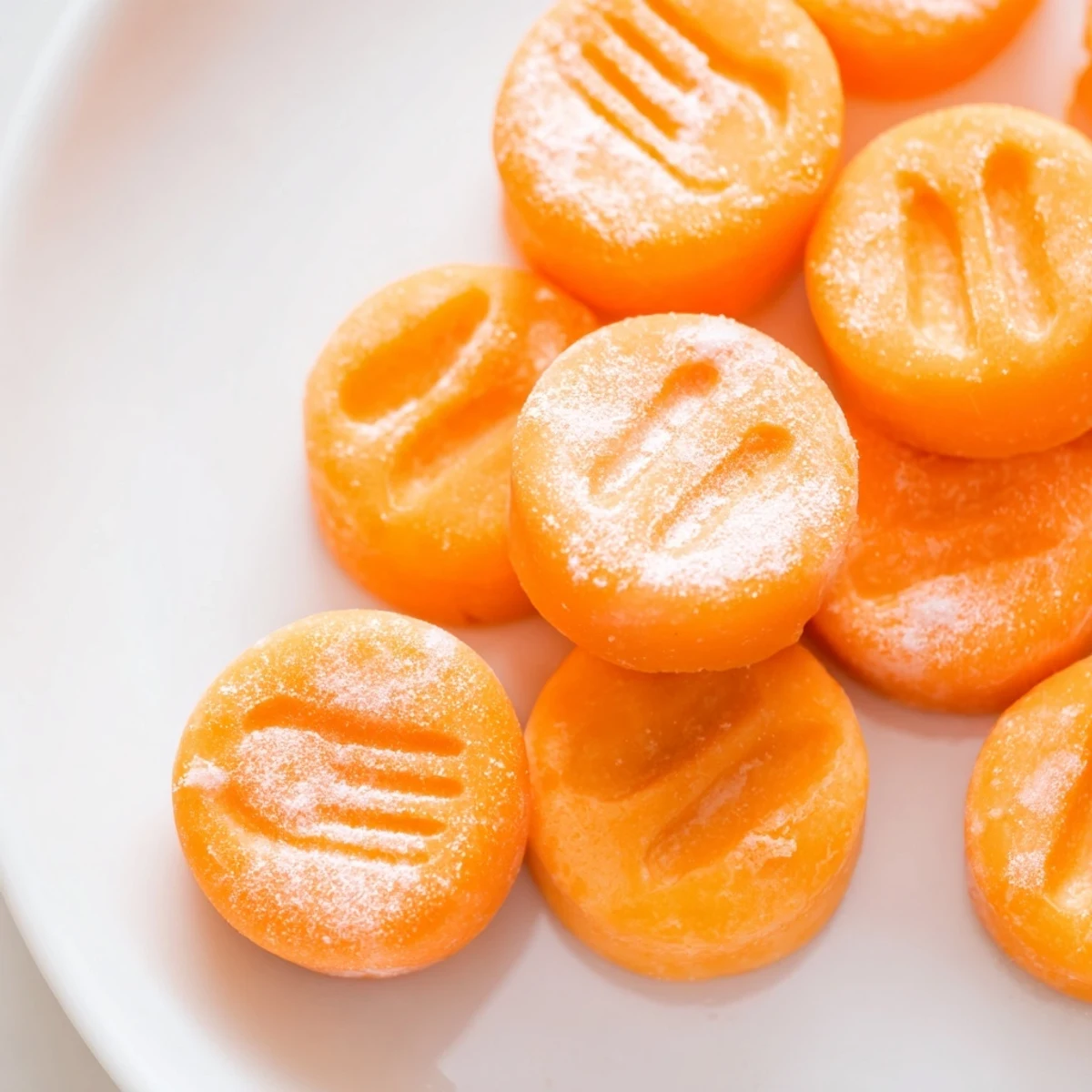 Small orange cream cheese mints arranged on a white decorative serving platter