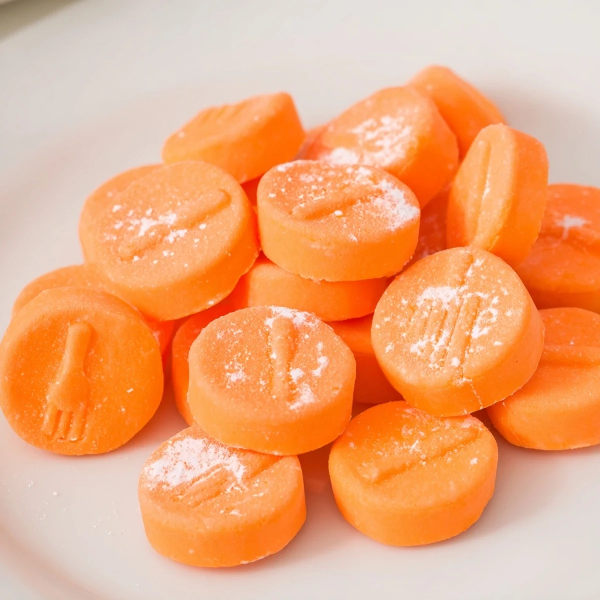 Close-up of vibrant orange cream cheese mints with fork patterns on top