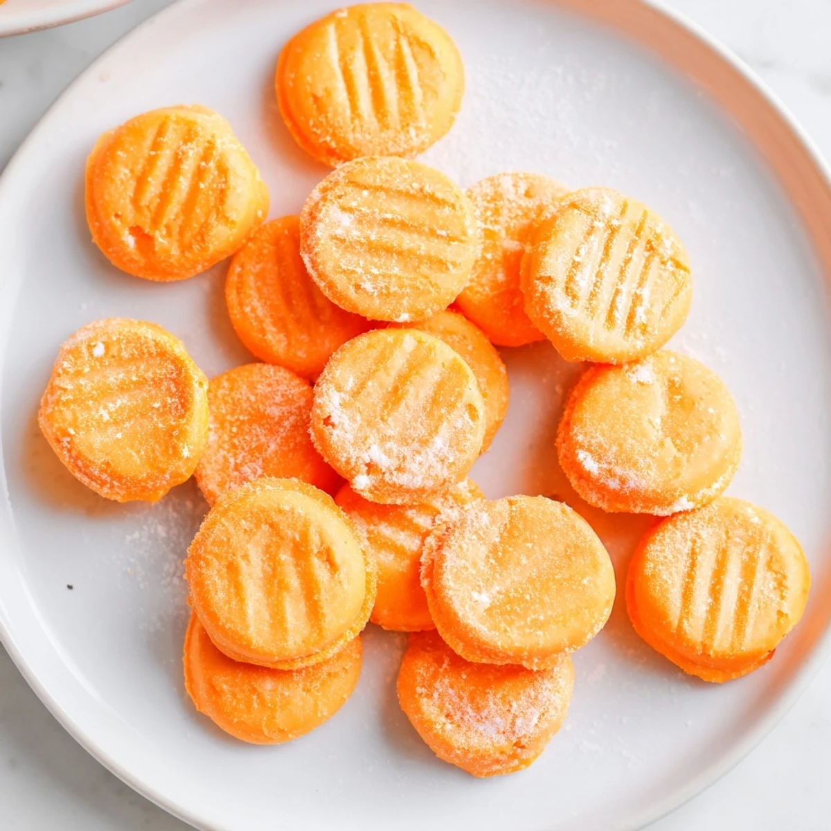 Handful of creamy orange mints dusted with powdered sugar on marble surface