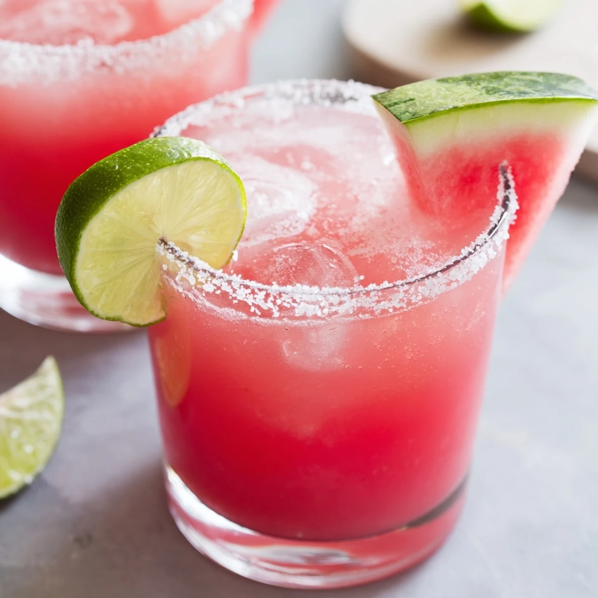 Garnished watermelon margarita mocktail with fresh lime wedges and salted rim on ice