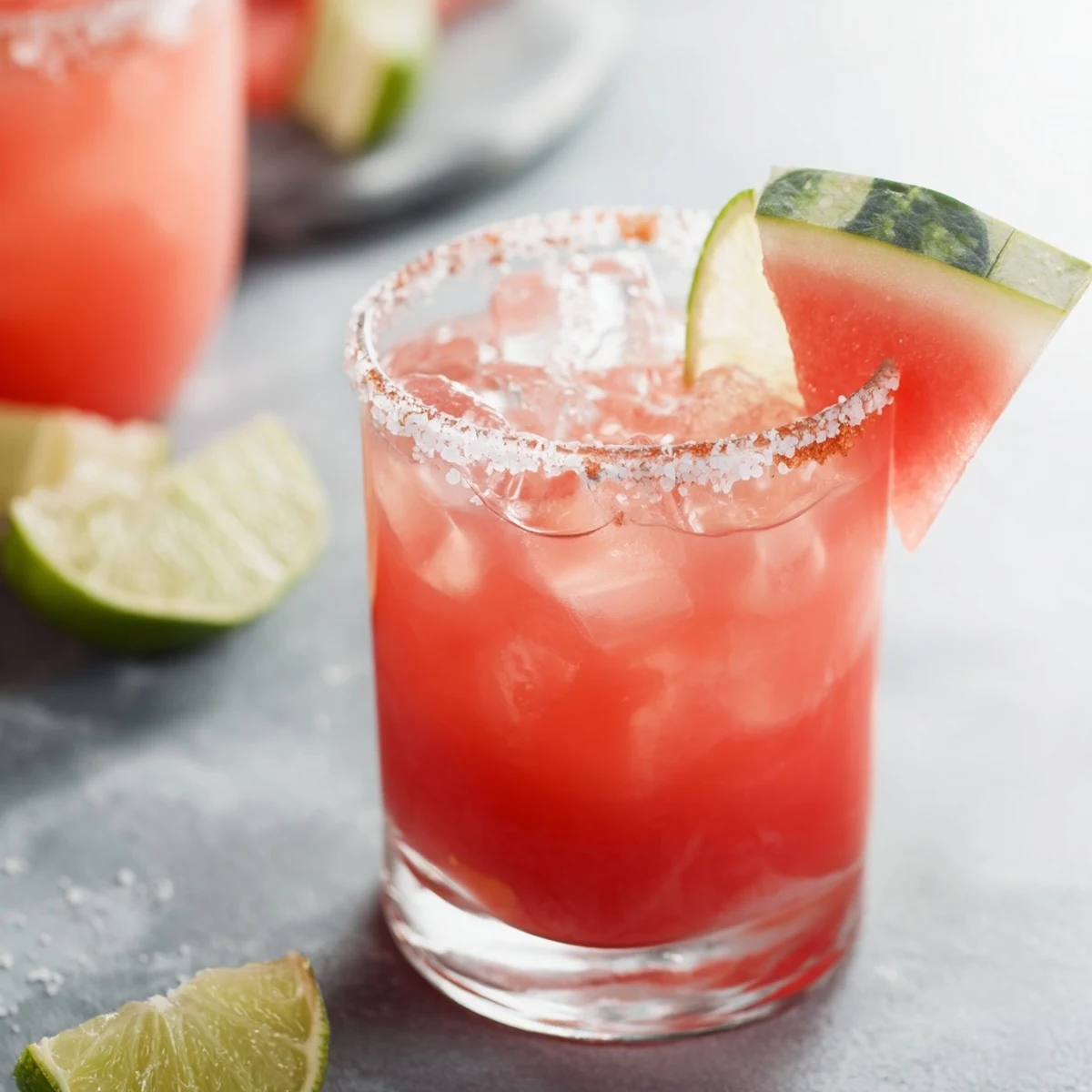 Pink watermelon margarita mocktail poured over ice cubes with citrus fruit garnish