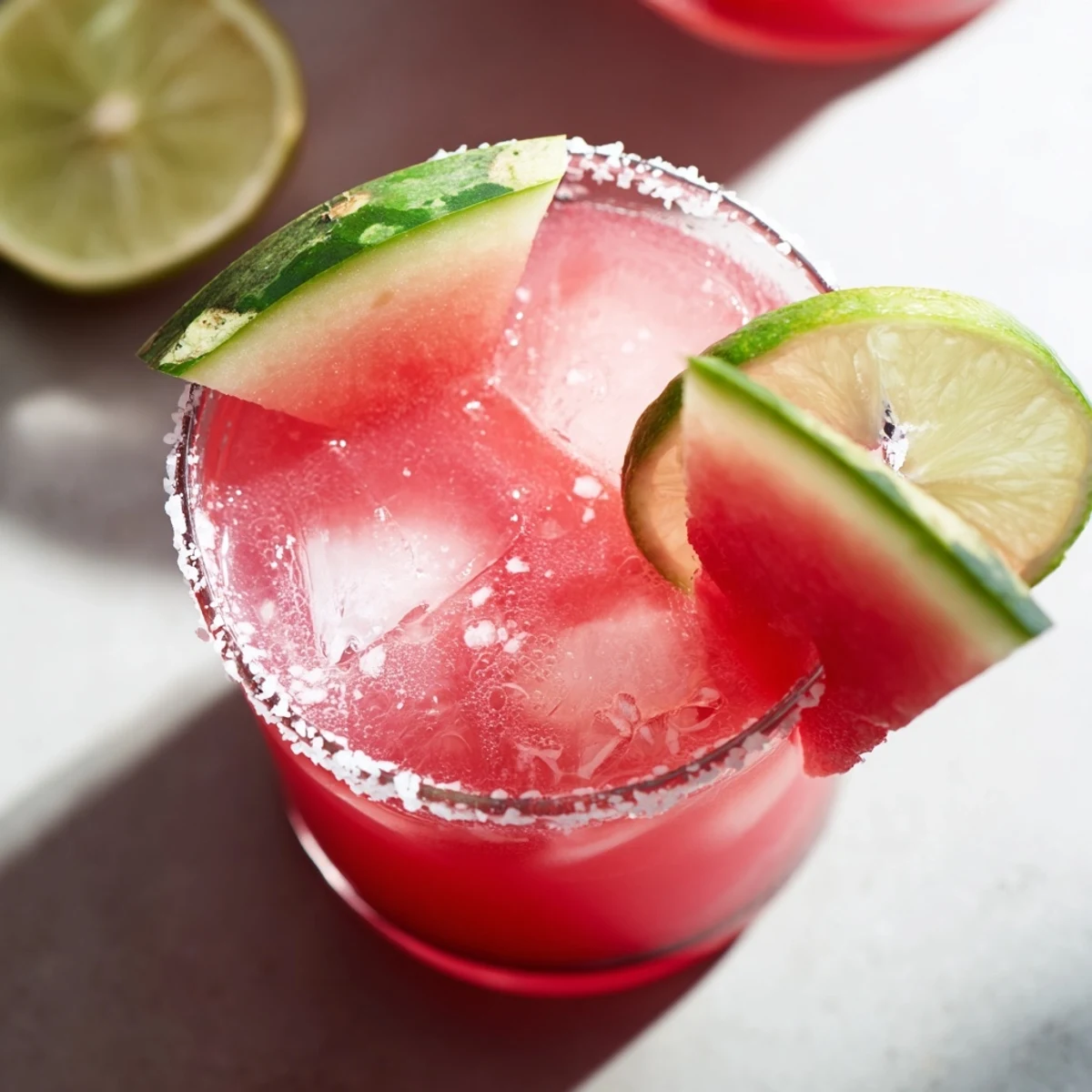 Refreshing watermelon margarita mocktail in glass with watermelon slice and lime wheel
