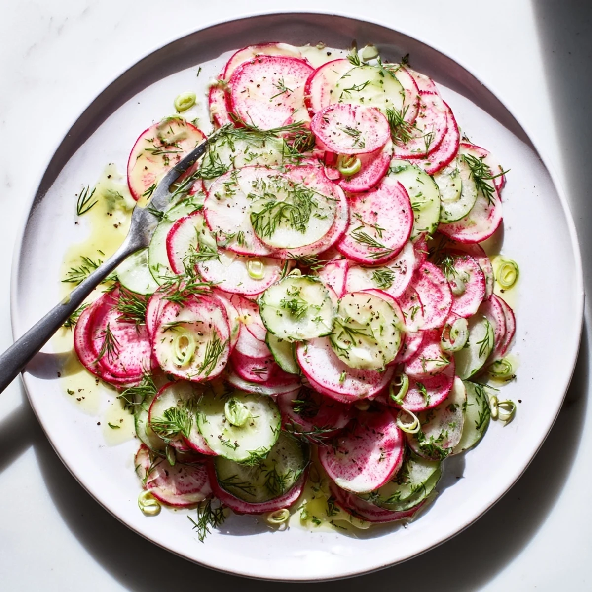 Fresh radish and cucumber salad with crisp vegetables and light tangy dressing in a serving bowl