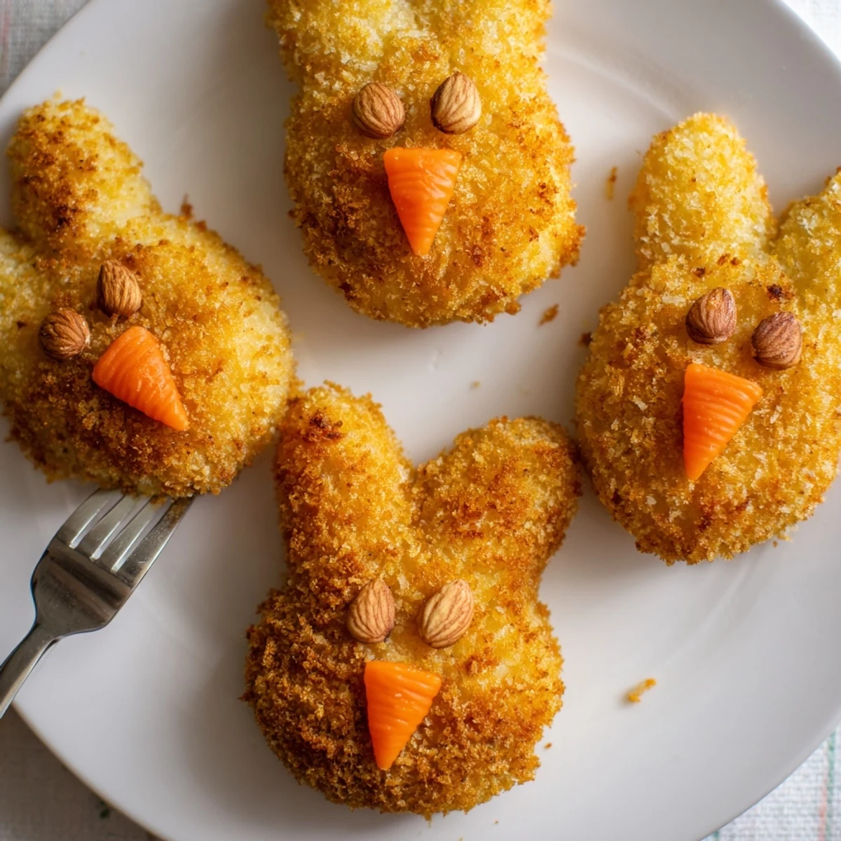 Festive bunny-shaped potato croquettes fried to golden perfection with carrot noses