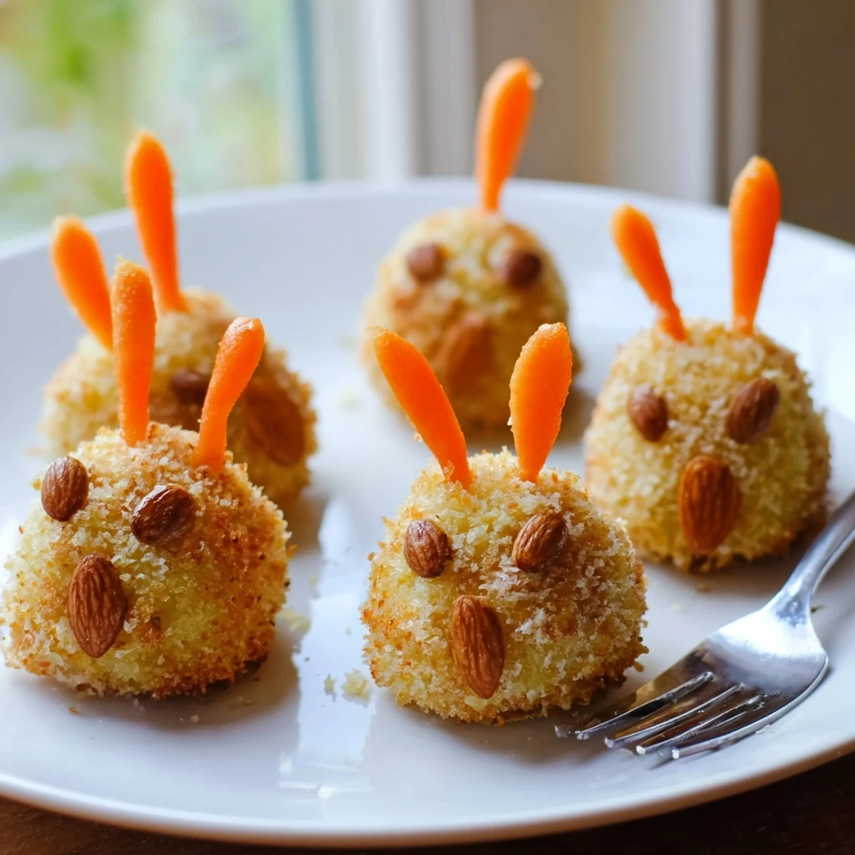 Crispy Easter Bunny potato croquettes decorated with peppercorn eyes and sliced almonds
