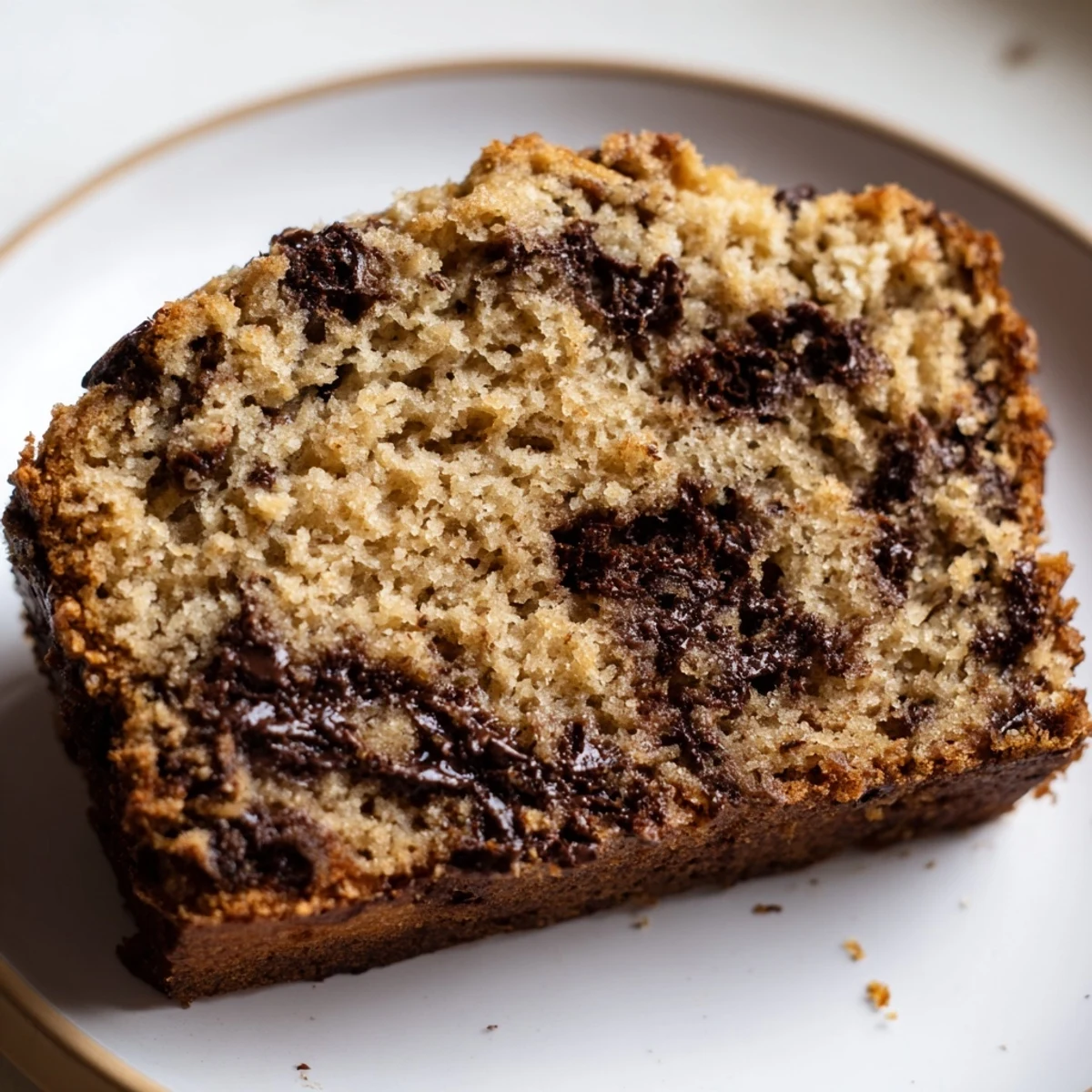 Golden chocolate chip banana bread loaf with melted chunks on a rustic wooden board