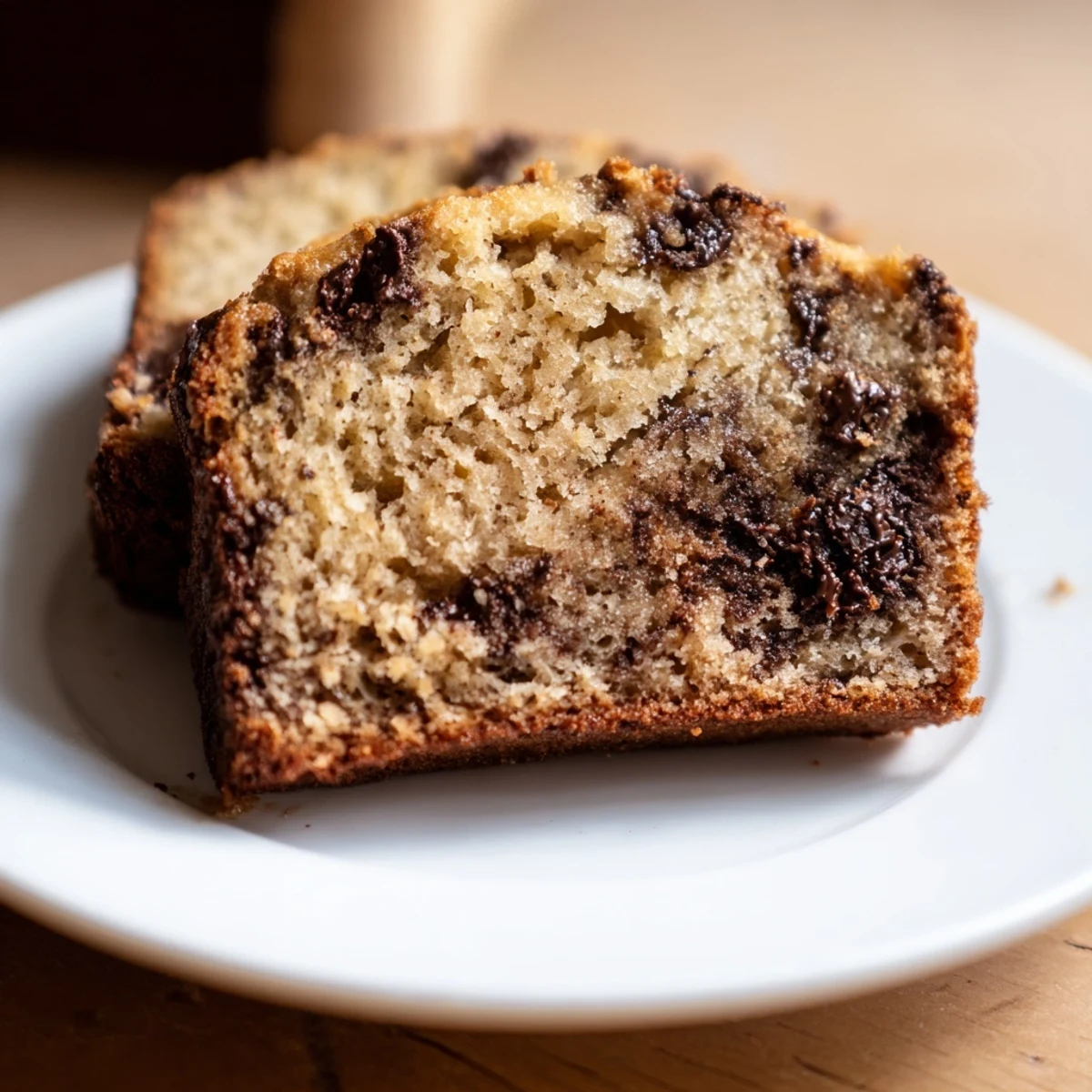 Thick slice of moist chocolate chip banana bread on a white plate with crumbs