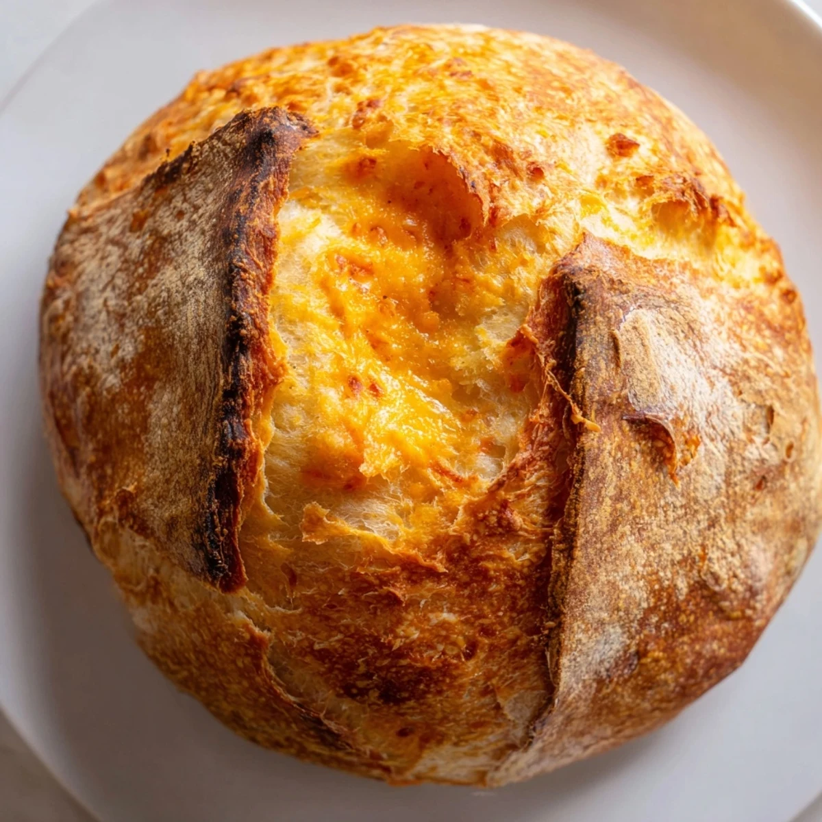 Golden no knead cheddar bread with a cracked crust and melted cheese visible throughout
