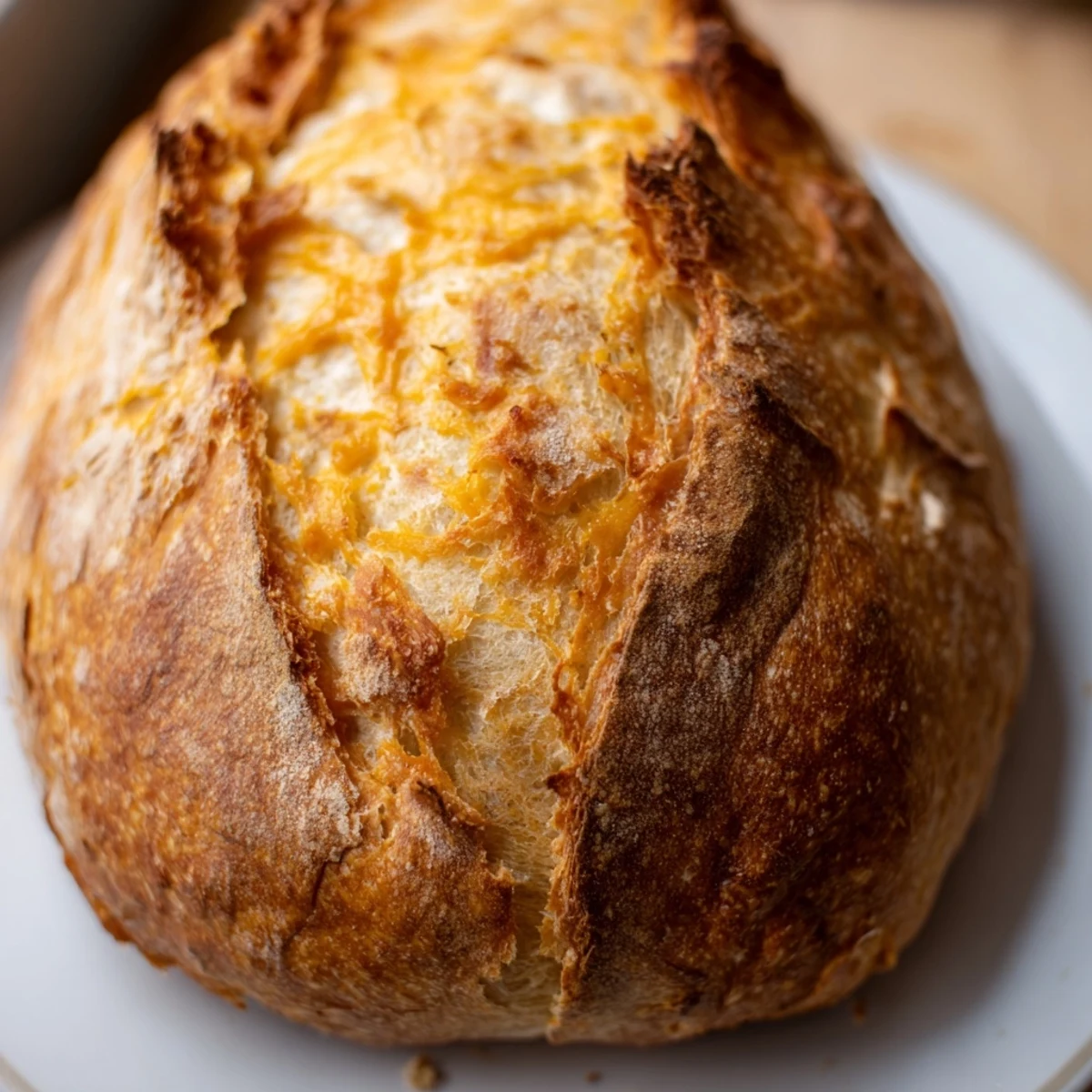 Rustic loaf of no knead cheddar bread fresh from the oven on a wire rack