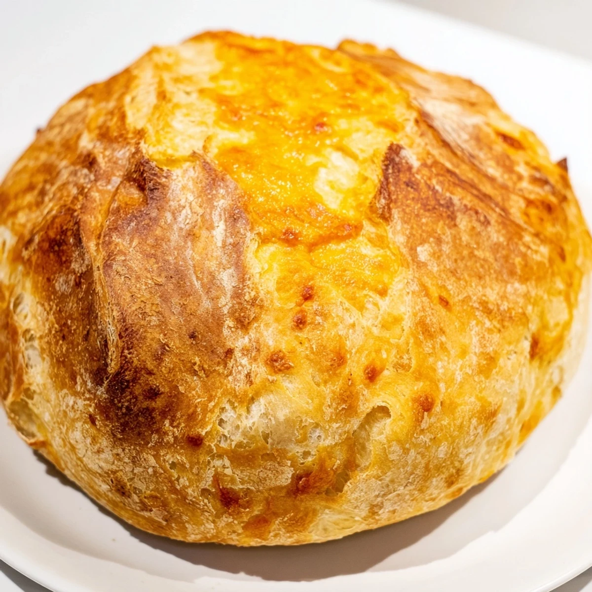 Sliced no knead cheddar bread showing tender cheesy interior with crisp golden crust