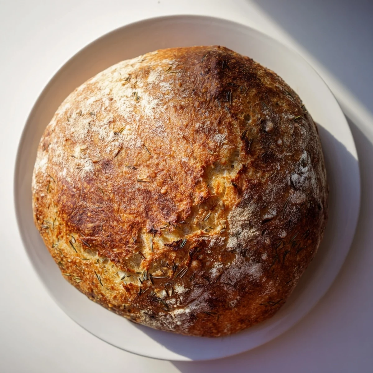 Fresh rosemary and minced garlic flecked artisan bread baked in cast iron Dutch oven
