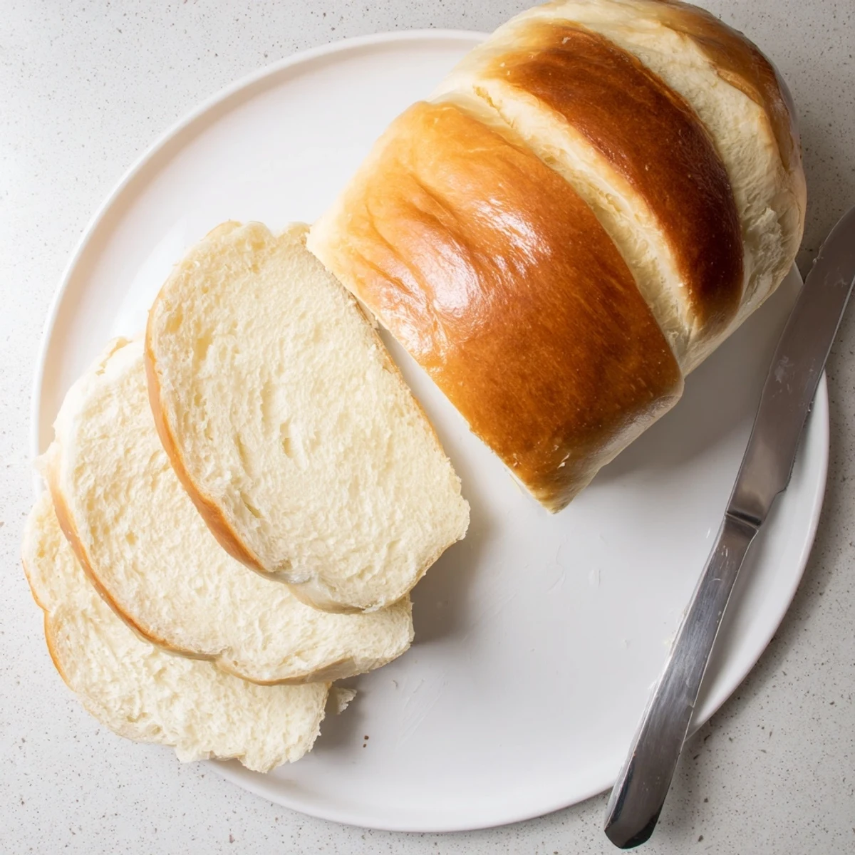 Golden brown homemade Amish white bread loaf with soft interior brushed with melted butter