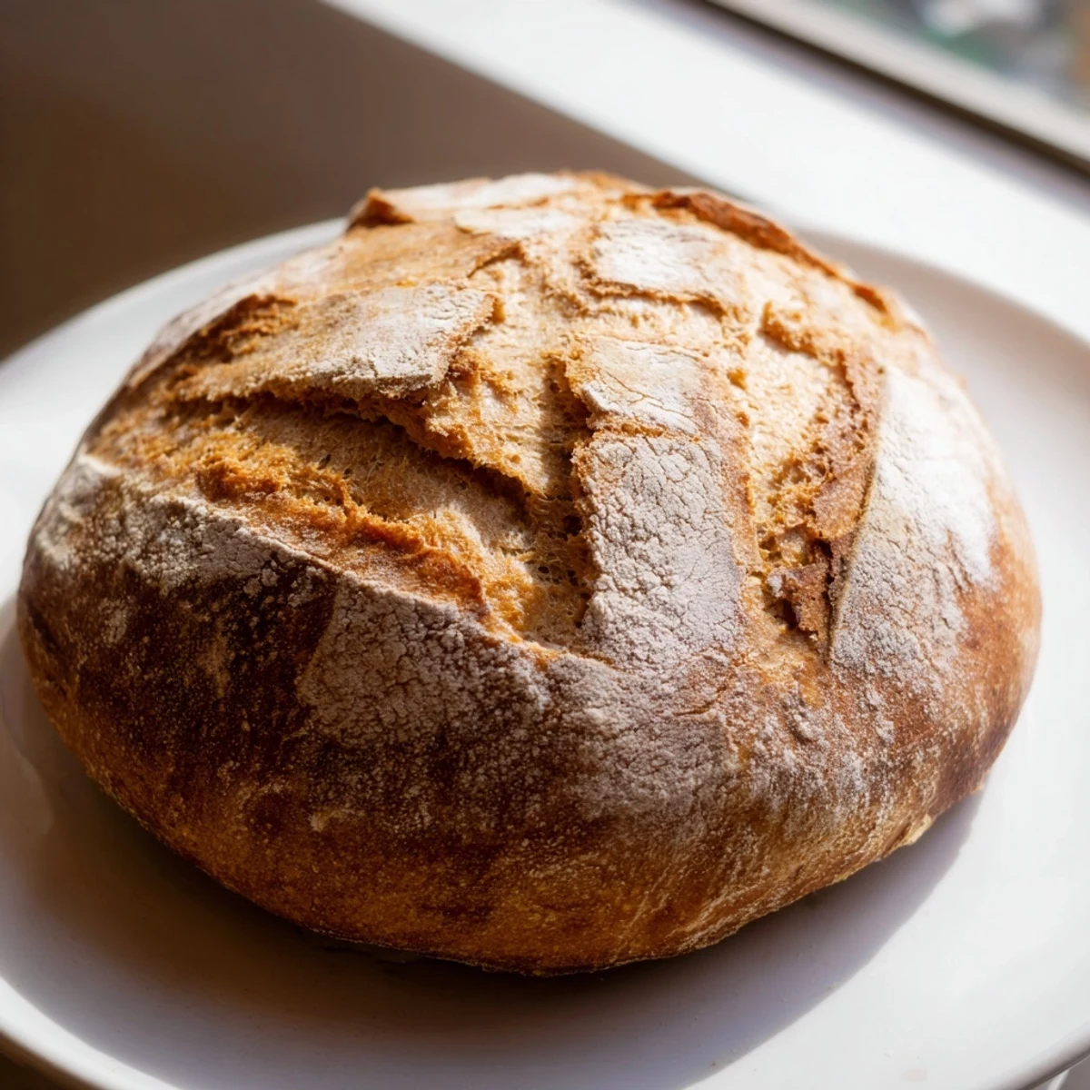 Golden brown homemade sourdough bread loaf with crisp crust and chewy interior